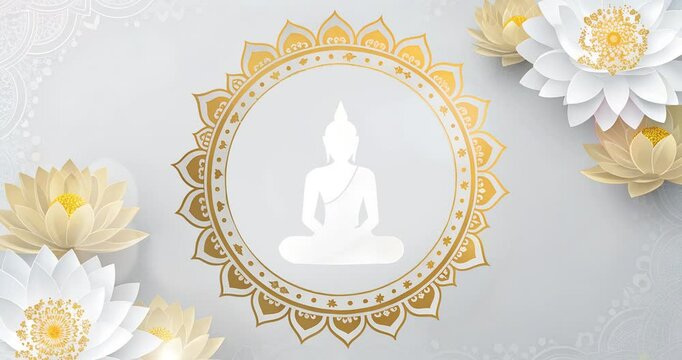 Vesak greeting day with a white theme and the silhouette of a Buddha statue