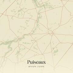 Retro map of Puiseaux, Centre-Val de Loire, France. Vintage street map.