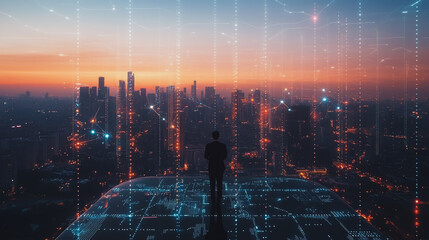 Abstract business man stands on Smart digital Innovation city with connection network reciprocity over the twilight cityscape. of future wireless digital city and social media networking systems


