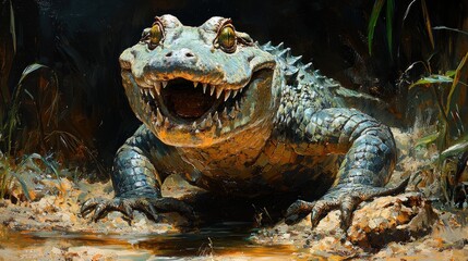 Fototapeta premium Majestic Alligator Lurking Near Water In Swamp
