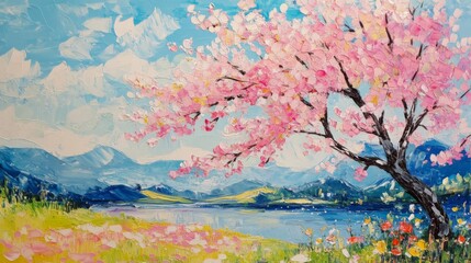 Obraz na płótnie Canvas Pink Cherry Blossom Tree by a Lake with Mountain View