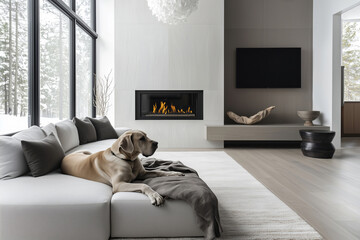A large German Dog lying on the sofa by the fireplace in winter, modern living room interior