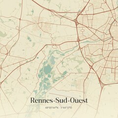 Retro map of Rennes-Sud-Ouest, Bretagne, France. Vintage street map.