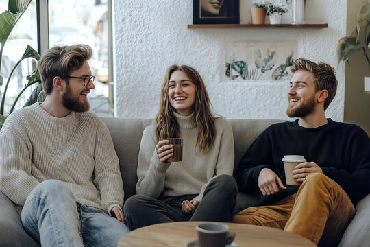Two men and one young woman drinking coffee on a couch and chatting. Love triangle, relationships, communication