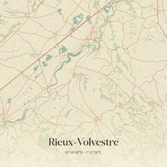 Retro map of Rieux-Volvestre, Occitanie, France. Vintage street map.