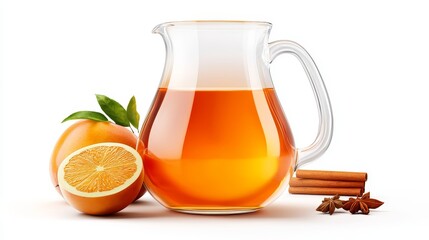 a festive glass pitcher filled with sparkling apple cider, surrounded by autumn decor, thanksgiving drink, realistic illustration, isolated on white background