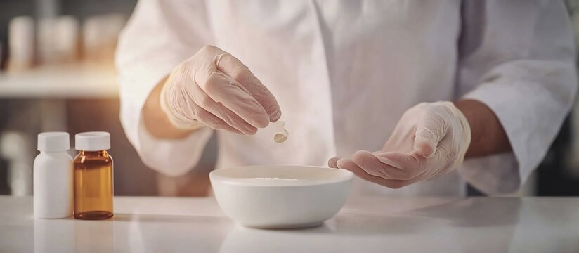 Pharmacist preparing medication by placing a capsule into a bowl in a clean lab setting