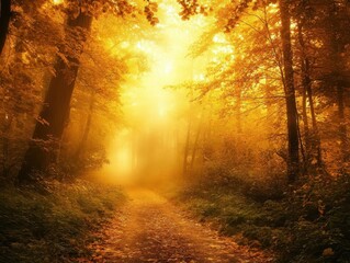 Obraz premium ancient redwood forest shrouded in ethereal morning mist, golden sunbeams piercing through fog, atmospheric perspective, mystical woodland path