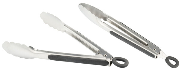 Tongs. Cooking kitchen tongs with soft-grip silicone handles. Durable stainless steel tongs with locking for cooking. Tongs with silicone rubber grips and metal tips for BBQ. Kitchenware for kitchen
