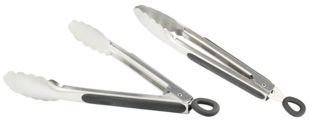 Tongs. Cooking kitchen tongs with soft-grip silicone handles. Durable stainless steel tongs with locking for cooking. Tongs with silicone rubber grips and metal tips for BBQ. Kitchenware for kitchen