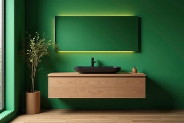 Wooden vanity with green tone walls and black sink, wood, high gloss, green