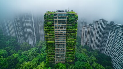 Obraz premium Lush Greenery Covered Skyscraper Amidst Foggy Cityscape Eco Friendly Urban Architecture