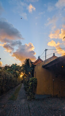 Narrow Cobblestone Pathway at Sunset with Plants and Yellowish-Brown Wall
