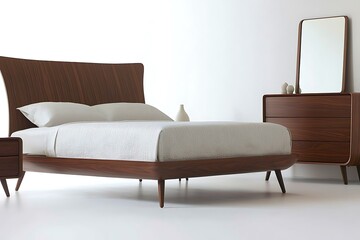 A wooden bed with a white comforter