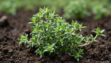 Obraz premium Fresh thyme sprigs growing in rich soil delicate leaves and wiry stems vivid against dark ground