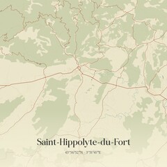 Retro map of Saint-Hippolyte-du-Fort, Occitanie, France. Vintage street map.