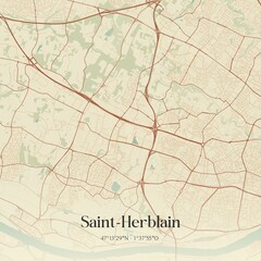 Fototapeta premium Retro map of Saint-Herblain, Pays de la Loire, France. Vintage street map.
