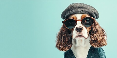 Surprised Dog in Sunglasses and Beret on Pastel Blue Background - Fun 8K Stock Photo for Creative Designs