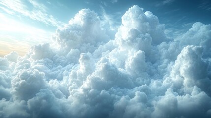 Cloud formation in the sky with soft light rays illuminating fluffy clouds. Generative AI