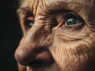 Naklejka premium close-up portrait of elderly woman's face showing deep wrinkles and wise eyes, dramatic side lighting emphasizing texture and character