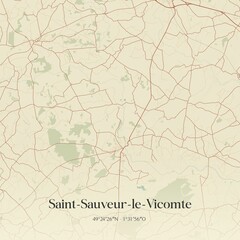 Retro map of Saint-Sauveur-le-Vicomte, Normandie, France. Vintage street map.