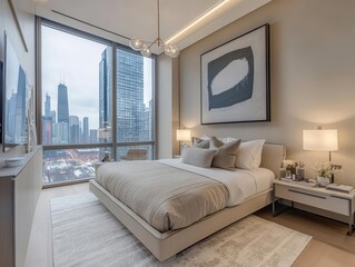 contemporary minimalist bedroom design, floor-to-ceiling windows, floating media console, neutral palette with accent lighting, architectural details