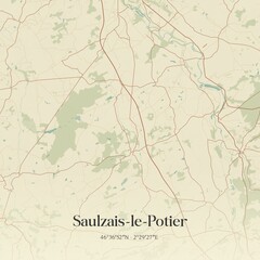 Retro map of Saulzais-le-Potier, Centre-Val de Loire, France. Vintage street map.