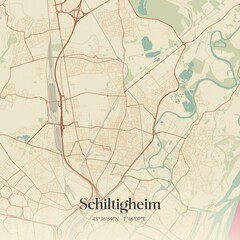 Retro map of Schiltigheim, Grand Est, France. Vintage street map.