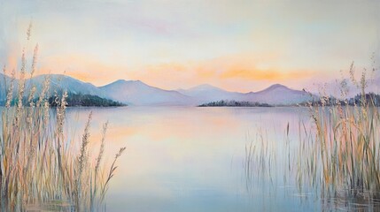 Fototapeta premium Tranquil Twilight Lake: Serene Pastel Sky Reflections with Swaying Reeds and Mountain Silhouettes