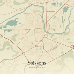 Retro map of Soissons, Hauts-de-France, France. Vintage street map.