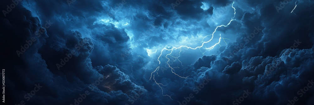 Poster Airplane navigating turbulent storm clouds in challenging weather conditions over an unknown location. Generative AI