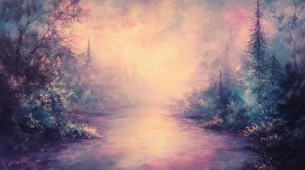 Naklejka premium Pastel Landscape Painting of a Misty River in a Forest at Dawn