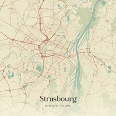 Retro map of Strasbourg, Grand Est, France. Vintage street map.