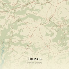 Retro map of Tauves, Auvergne-Rh�ne-Alpes, France. Vintage street map.