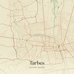 Retro map of Tarbes, Occitanie, France. Vintage street map.