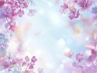 Fototapeta premium delicate pastel wildflowers creating ethereal frame border, soft bokeh background, dreamy natural light, botanical illustration style