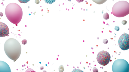 Colorful balloons, sprinkles, and confetti falling on transparent background