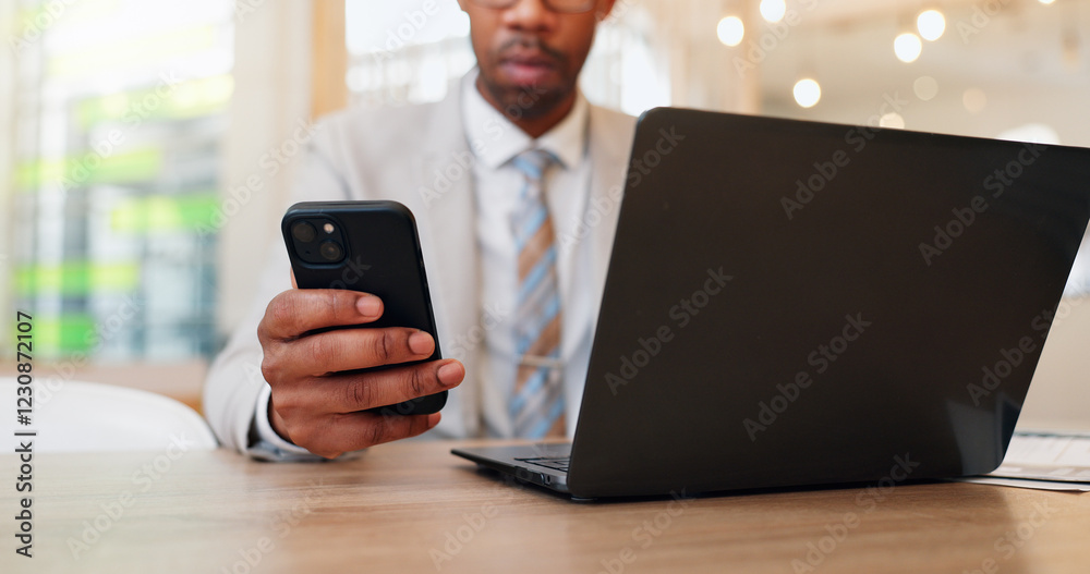 Poster business man, hand and phone for networking, texting and client communication. laptop, event planner