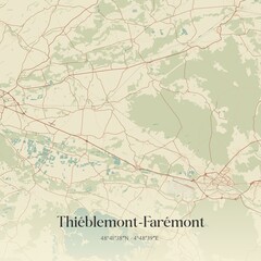 Retro map of Thi�blemont-Far�mont, Grand Est, France. Vintage street map.