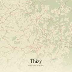 Retro map of Thizy, Auvergne-Rh�ne-Alpes, France. Vintage street map.