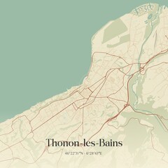 Fototapeta premium Retro map of Thonon-les-Bains, Auvergne-Rh�ne-Alpes, France. Vintage street map.