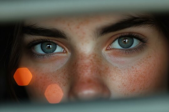 Close-Up of a Woman's Eyes with Freckles and Bokeh Lights