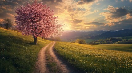 Pink Cherry Blossom Tree in a Field at Sunset