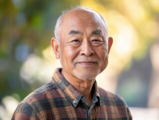 dignified portrait of elderly asian man with weathered features, gentle smile lines, and wise eyes, captured in warm natural lighting with shallow depth of field