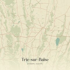 Retro map of Trie-sur-Ba�se, Occitanie, France. Vintage street map.