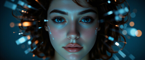 Cognitive computing concept illustrated by a woman with intense blue eyes and short curly hair, surrounded by glowing abstract elements, evoking a sense of wonder and futurism