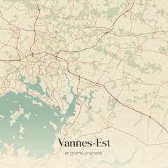 Retro map of Vannes-Est, Bretagne, France. Vintage street map.