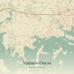 Fototapeta premium Retro map of Vannes-Ouest, Bretagne, France. Vintage street map.