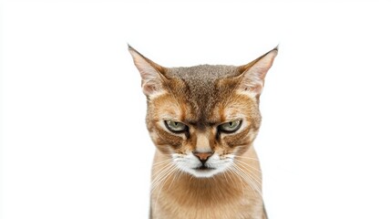 Obraz premium Close-up of an adult tabby cat with a serious expression, looking directly at the camera against a white background. The cat's fur is a mix of brown and tan.