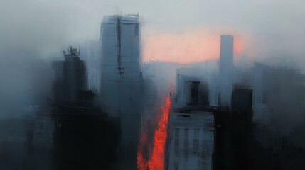 Abstract Cityscape Painting with Muted Colors and Brushstrokes